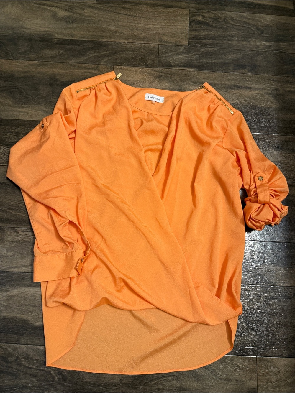 Calvin Klein Bright Orange V-Neck Blouse with Shoulder Zips